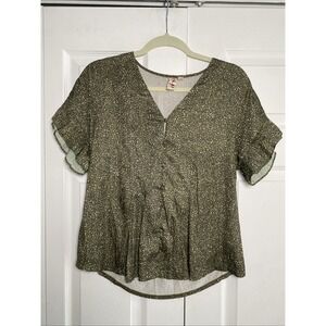 Dolan Left Coast Collection Ruffle Sleeve Blouse Womens Size S Olive Green Print